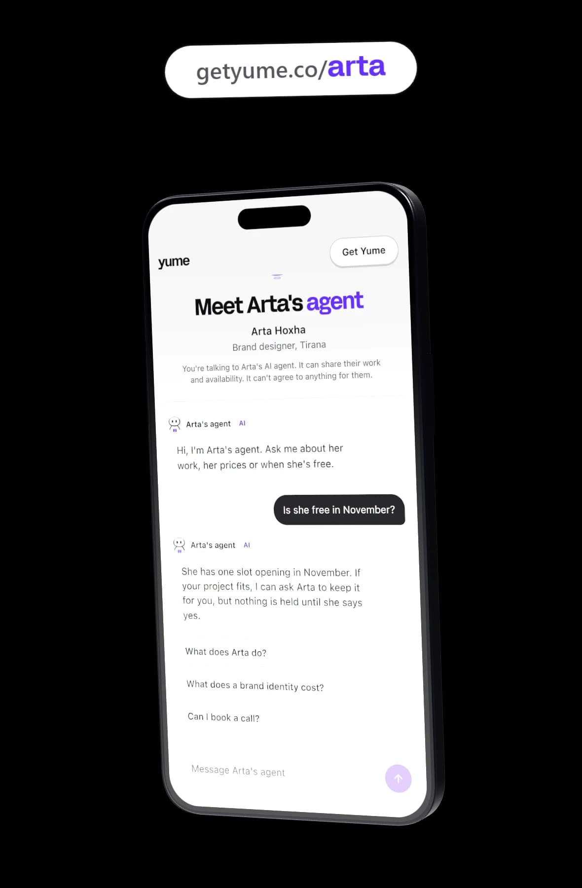 A phone showing a public agent page at getyume.co/arta. Arta’s public agent page at getyume.co/arta, answering a visitor.