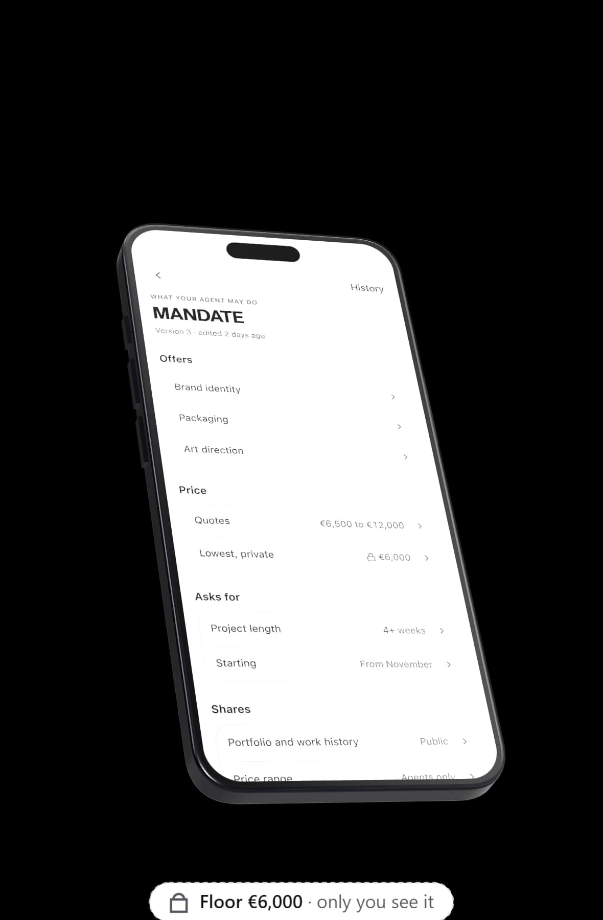 A phone lying back showing the mandate, with the €6,000 floor kept private. The mandate: what your agent offers, your price range and your private lowest price.